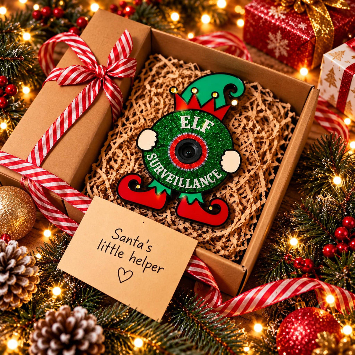 Personalised Elf Surveillance Christmas sign in a gift box with a Santa’s little helper note