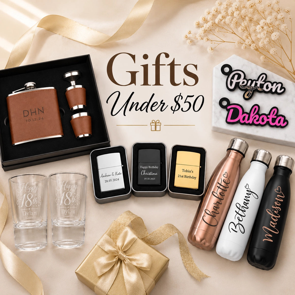 pixelburn.com.au Gift Range under $50. Arranged on a beige surface with decorative ribbons and dried flowers. The set includes a brown leather flask and bottle in a black box, two engraved shot glasses, four small branded tins, three insulated bottles in rose gold, white, and black with custom names, and a wrapped gift box.