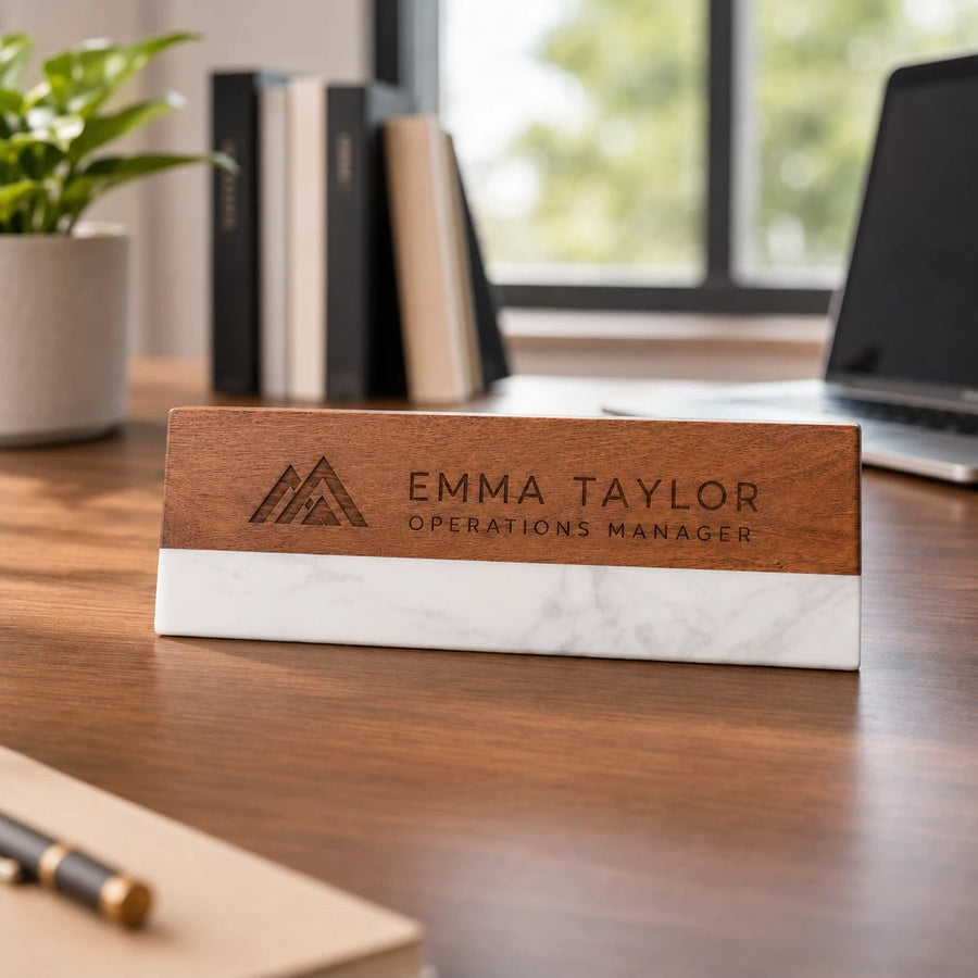 Personalised Marble & Wood Desk Name Plate - Pixel Burn Custom Laser Creations