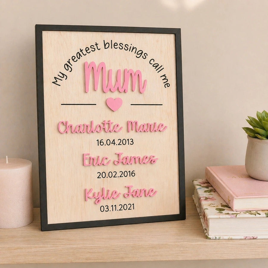 Personalised Mum & Kids Names Keepsake Frame - Pixel Burn Custom Laser Creations