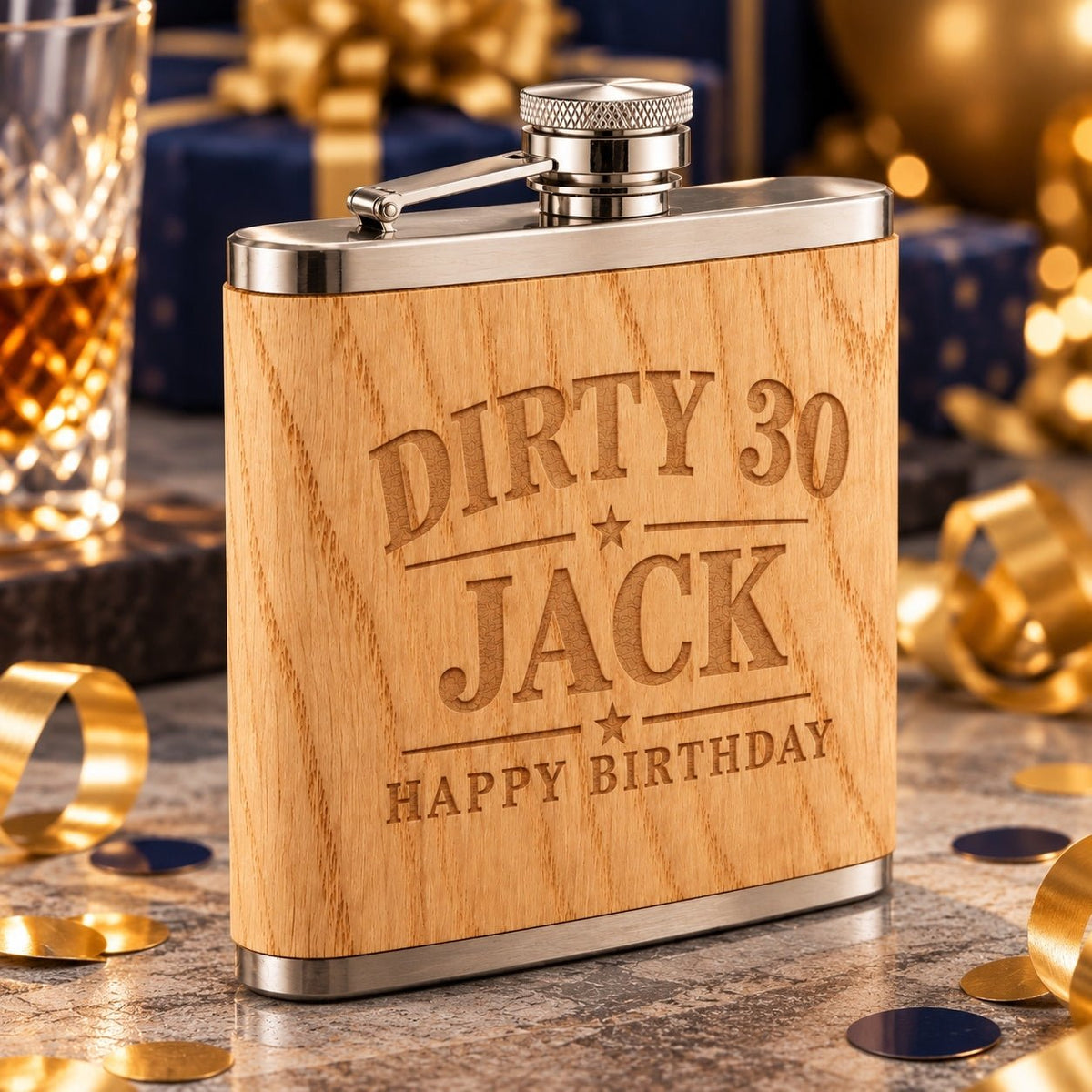 Personalised Oak Wood Wrapped Hip Flask - Pixel Burn Custom Laser Creations