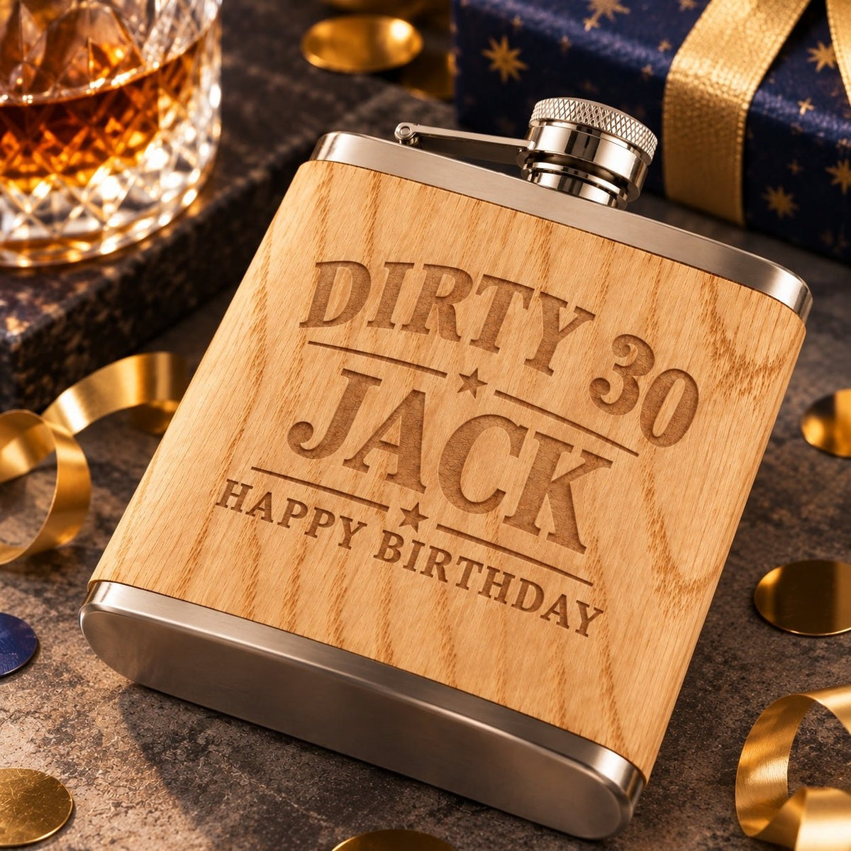 Personalised Oak Wood Wrapped Hip Flask - Pixel Burn Custom Laser Creations