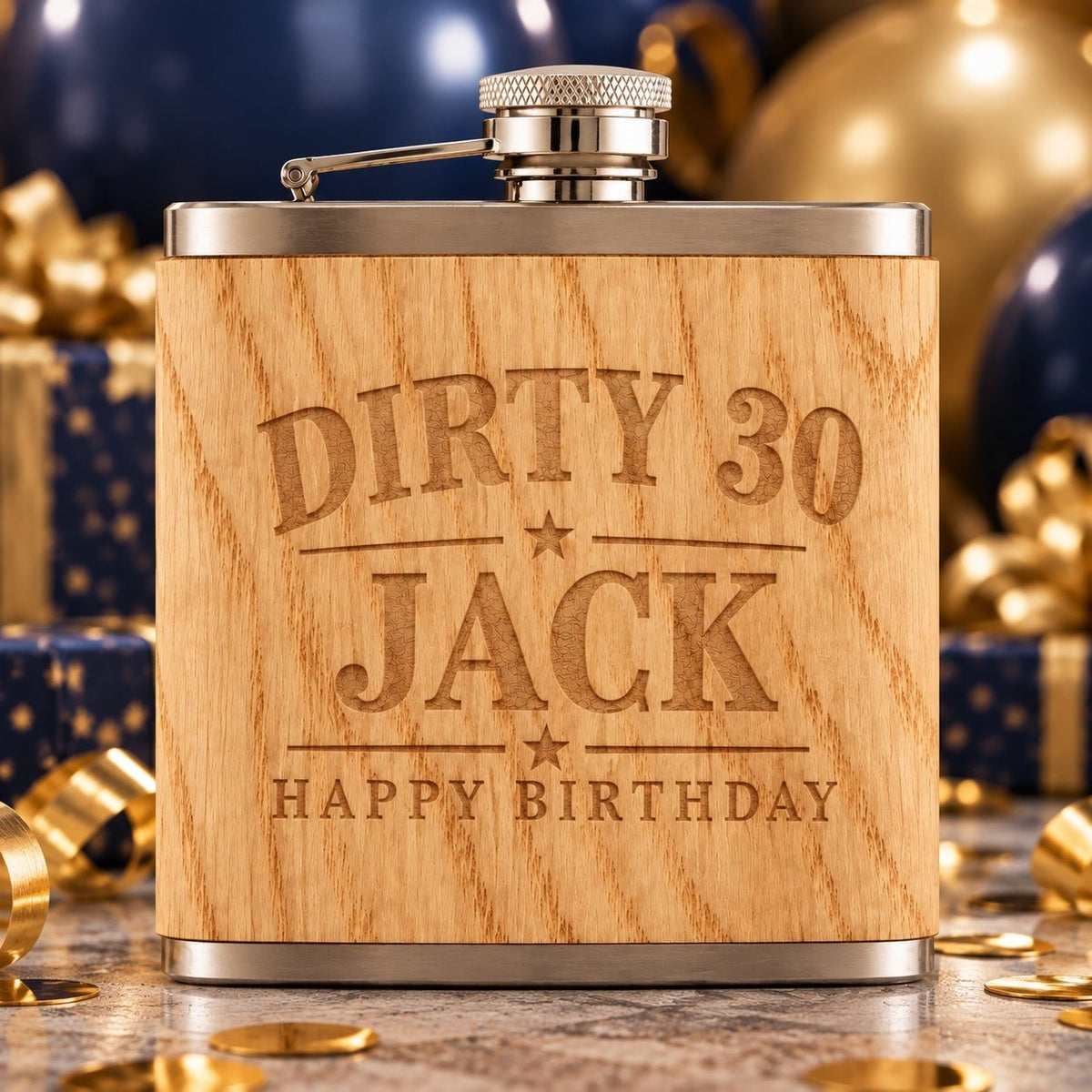Personalised Oak Wood Wrapped Hip Flask - Pixel Burn Custom Laser Creations