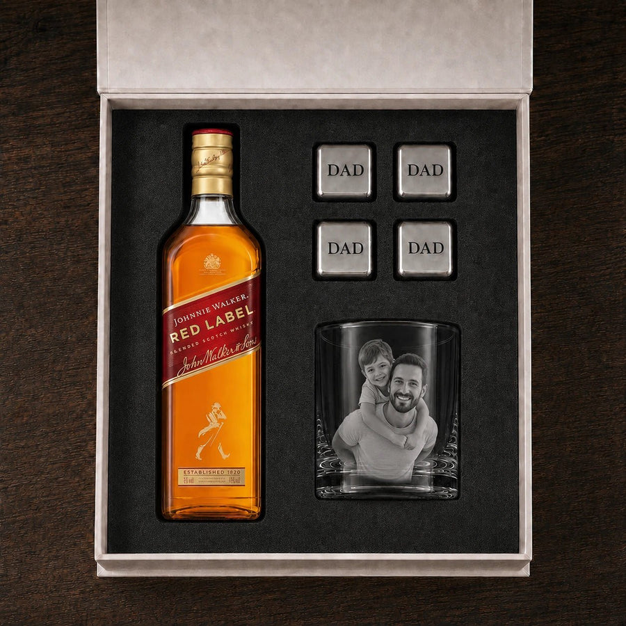 Personalised Photo Glass and Whisky Gift Set – Red Label - Pixel Burn Custom Laser Creations
