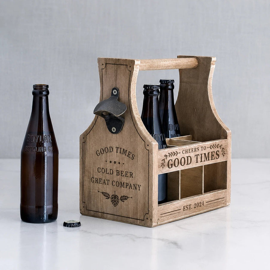 Personalised Wooden Beer Caddy with Bottle Opener - Pixel Burn Custom Laser Creations